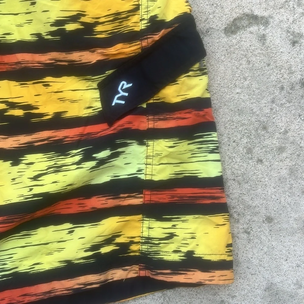 TYR Men's Yellow Orange Black Stripe Design Lined Swim Trunks Size XL